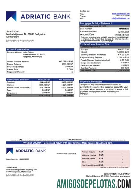 realista Modelo Word e PDF de declaração de hipoteca do Montenegro Adriatic Bank
